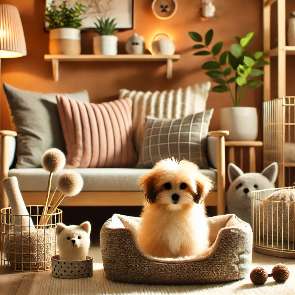 DALL·E 2025 01 25 12.57.59 A cozy pet corner in a modern home featuring a luxurious pet bed soft cushions and some stylish pet accessories. The background is warm and inviting